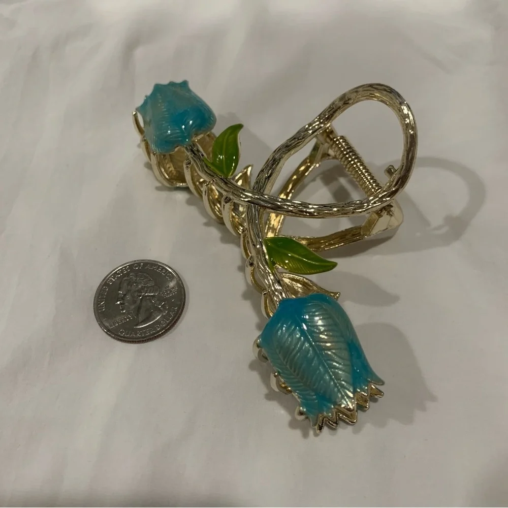 Double Blue Tulips Large Gold Hair Claw Clip